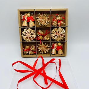 Scandinavian Nordic Straw Ornaments - Box of 30 pcs Angel Bell Snowflake Star 1-3 inch
