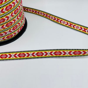 Swedish Woven Fabric Ribbon Trim - 5 yard piece - White with red green yellow & black