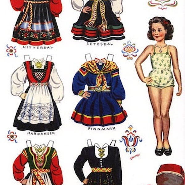 Scandinavian Norwegian Bunad Paper Dolls - Set of 4