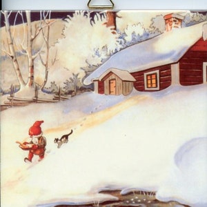 Swedish Tomte in the Snow Ceramic Tile ~ Trivet ~ Hot pad #528-66