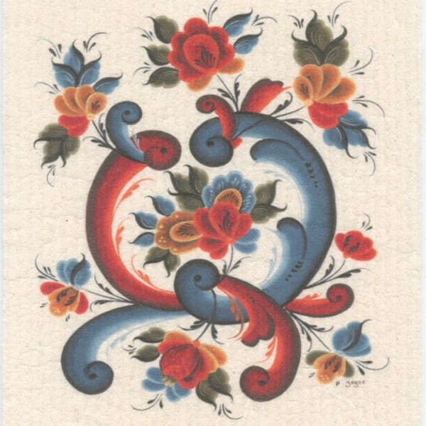 Norwegian Rosemaling Folk Art on Swedish Dish Cloth