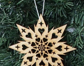 Scandinavian Swedish Star with Hearts Baltic Birch Ornament #EL752