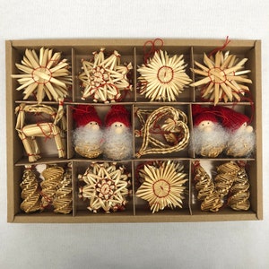 Scandinavian Nordic Straw Ornaments - Box of 45 pieces - 2" to 2 1/2" Gnomes Stars Hearts Goats Cones