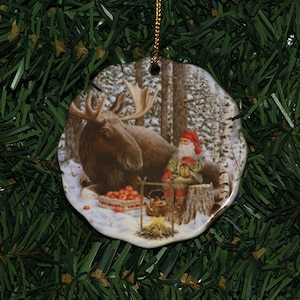 Ceramic Ornament 2 3/4&quot;- Swedish art by Jan Bergerlind Tomte & Moose