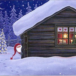 May include: A winter scene depicts a snow-covered cabin with a lit window, a Christmas tree, and a figure in a Santa hat. The night sky is filled with stars and a crescent moon. The cabin is made of wood and has a snow-covered roof.