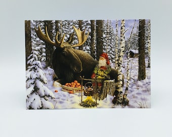 Swedish artist, Jan Bergerlind Tomte Gnome & Moose Christmas Cards Box of 12 #JB520