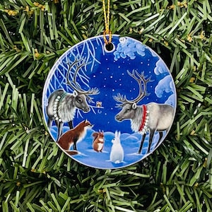 Ceramic  2 3/4&quot; Ornament - Swedish Reindeer Fox Bunny Squirrel Artwork
