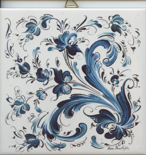 Norwegian Rosemaling Folk Art Ceramic Tile ~ Trivet ~ Hot Pad
