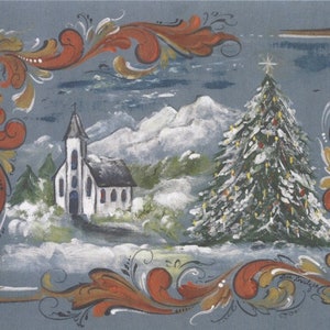 Scandinavian Nordic Norwegian Rosemaling with Church, Tree & Mountains Christmas Cards Box of 12