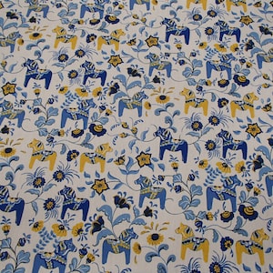 Scandinavian Swedish Fabric with MINI 2" Blue & Yellow Dala Horses with Kurbits Flowers on White