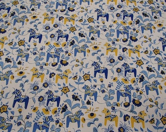 Scandinavian Swedish Fabric with MINI 2" Blue & Yellow Dala Horses with Kurbits Flowers on White