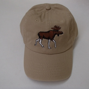 Embroidered Moose on Khaki Baseball Cap Hat