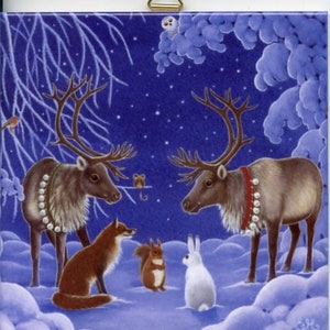 May include: A square ceramic tile featuring a winter scene with two reindeer facing each other. A fox, squirrel, and rabbit are in the foreground. The background is a dark blue night sky with falling snow and a small owl.