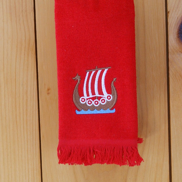 Scandinavian Danish Red & White Sail Viking Ship Embroidered Towel