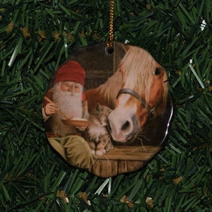 Ceramic  Ornament 2 3/4&quot; - Swedish art by Jan Bergerlind Tomte Horse Kitten