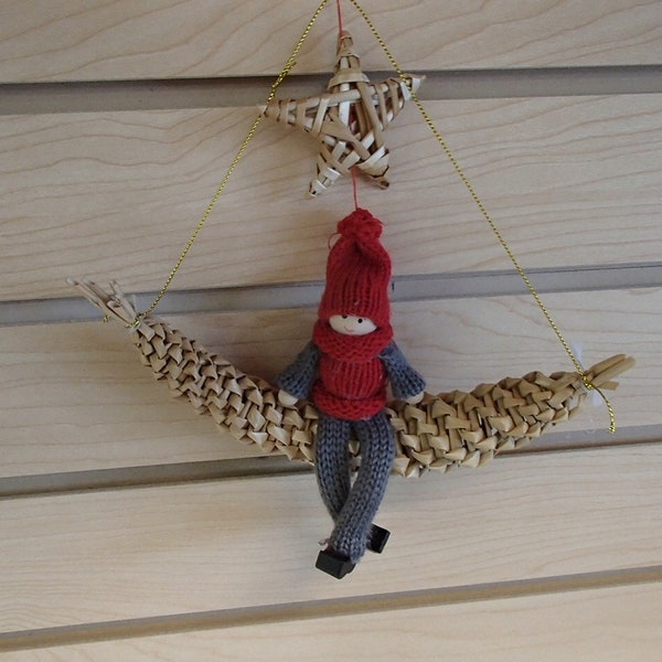 Scandinavian Nordic Santa Elf Gnome on Straw Moon Beneath Straw Star