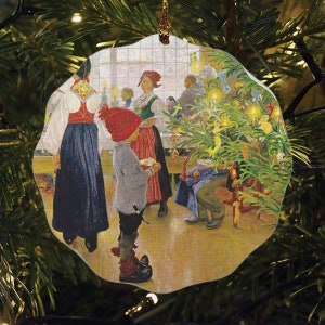 Ceramic Scalloped Edge Ornament 2 3/4" -  Swedish artist, Carl Larsson Boy at Christmas tree