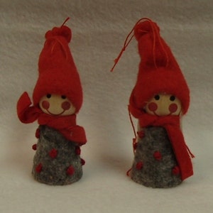 Scandinavian Nordic Boy and Girl Tomte  Elf Gnome Ornaments Grey Jacket with red dots