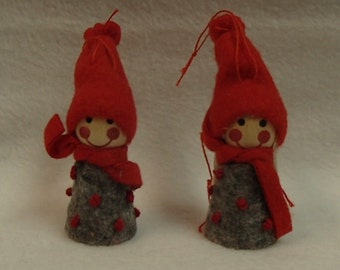 Scandinavian Nordic Boy and Girl Tomte  Elf Gnome Ornaments Grey Jacket with red dots