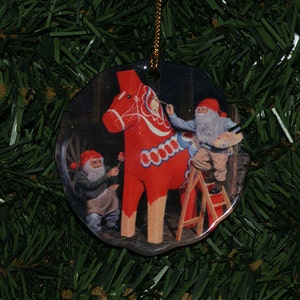 Ceramic Ornament 2 3/4&quot; - Swedish art by Jan Bergerlind Tomtar & Dala Horse
