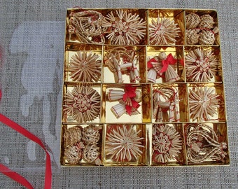 Scandinavian Nordic Straw Ornaments Box of 56 Angel Heart Goat Snowflake Star 1 - 3 inch