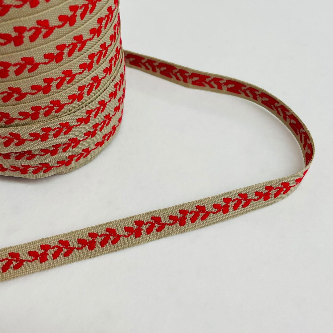Swedish Woven Fabric Ribbon Trim - 5 Yard Piece - Tan With Red Leaves ...