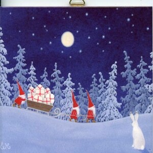 Scandinavian Swedish Gnome Tomtar with sleigh of gifts Tile ~ Trivet ~ Hot pad