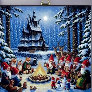 May include: A winter scene featuring gnomes, foxes, deer, and a badger gathered around a campfire. A snow-covered forest and a wooden church are in the background. The gnomes wear red hats and coats.