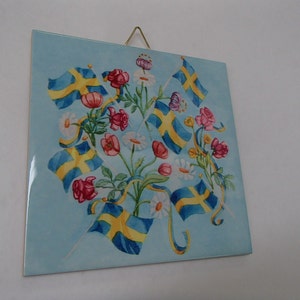Swedish Flags and Flowers Ceramic Tile ~ Trivet ~ Hot pad #278