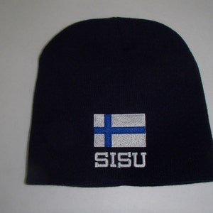 May include: A navy blue beanie with the Finnish flag embroidered on the front. The flag is a blue cross on a white background. Below the flag is the word "SISU" in white block letters.