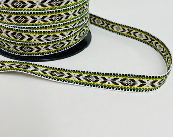 Swedish Woven Fabric Ribbon Trim - 5 yard piece - White with gold, green &  black