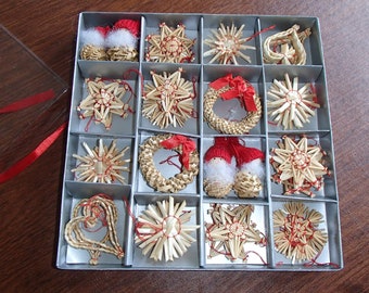 Scandinavian Straw Ornaments - Box of 48 pieces Snowflakes Stars Gnomes Hearts Wreath Sizes 2" to 2 1/2"