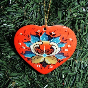 Ceramic Heart Ornament - Scandinavian Norwegian Rosemaling Heart 3&quot; x 2 3/4&quot;