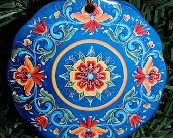 Norwegian Rosemaling Ceramic Ornament 2 3/4" Artwork by Lise Lorentzen