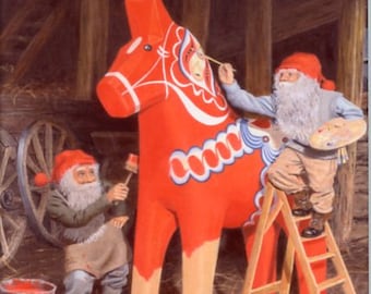 Swedish Tomte Gnomes painting Dala horse Tile ~ Trivet ~ Hot pad artwork by artist Jan Bergerlind