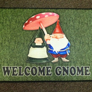 Welcome Gnome Couple Under Mushroom Umbrella Rug ~ Door Mat  #336
