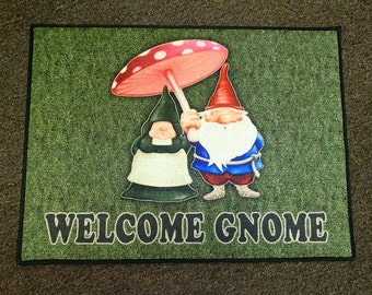 Welcome Gnome Couple Under Mushroom Umbrella Rug ~ Door Mat  #336