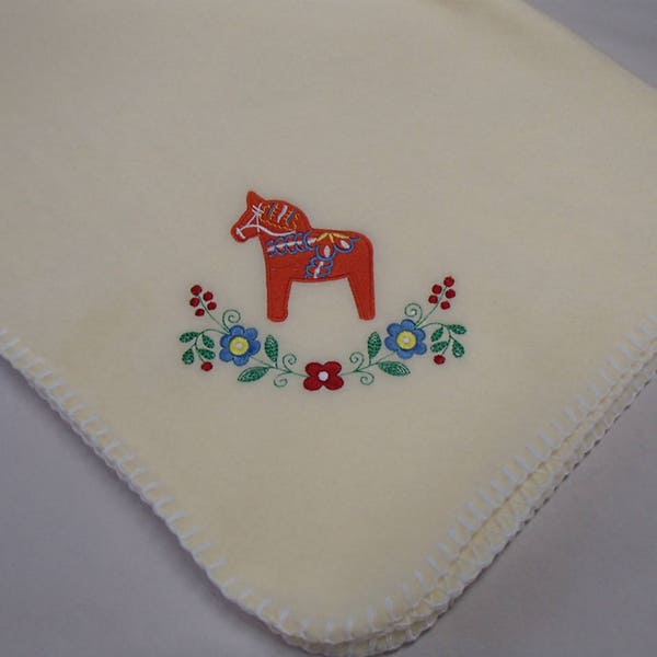 Swedish Dala Horse & Flowers - Fleece Baby Blanket