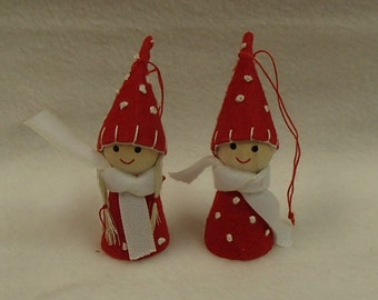 Scandinavian Nordic Boy and Girl Tomte  Elf Gnome Ornaments Red jacket with white dots