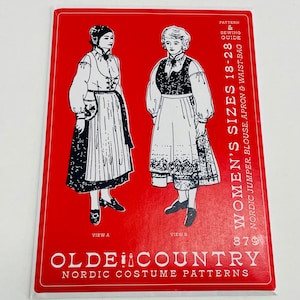 May include: A red pattern and sewing guide for women's Nordic costume patterns. The cover features black and white illustrations of two women in traditional Nordic attire. Text includes "Women's Sizes 18-28" and "Olde Country Nordic Costume Patterns."