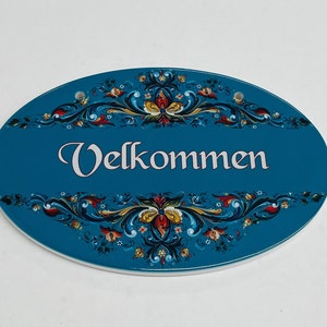 Norwegian Danish Velkommen Ceramic Blue Sign Plaque 8 7/8&quot; x 6&quot; with Rosemaling by Lise Lorentzen