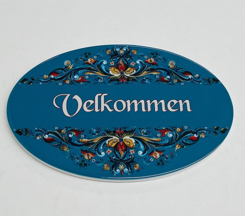 Velcommen Script Norwegian Danish Velkommen Ceramic Blue Sign Plaque 8 7/8