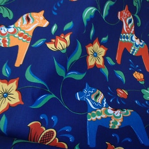 Scandinavian Swedish Dala Horse & Flowers Navy Fabric with Horse size is 5"-6"