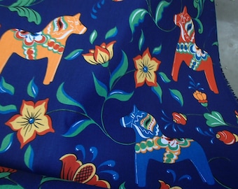 Scandinavian Swedish Dala Horse & Flowers Navy Fabric with Horse size is 5"-6"