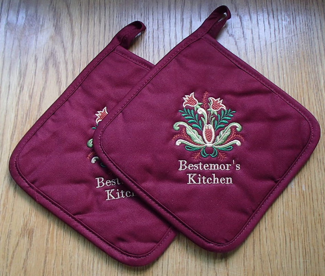 Pair of Embroidered Potholders Bestemor's Kitchen Etsy