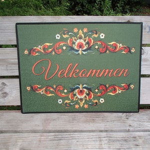 Scandinavian Norwegian Rosemaling Velkommen Welcome  Rug ~  Door Mat