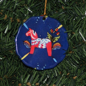 Ceramic Scalloped Edge Ornament 2 3/4&quot; - Swedish Dala Horse