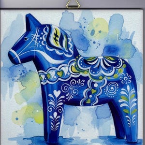 Swedish Ceramic Tile Trivet Hotpad Blue Dala Horse 6" x 6" with hanger & cork back