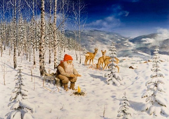 Swedish Artist, Jan Bergerlind Tomte Gnome & Deer Christmas Cards