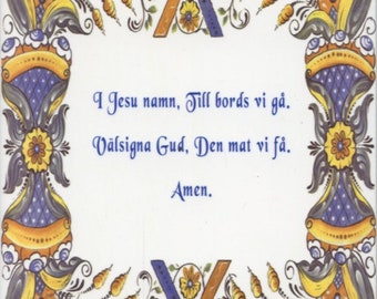 Swedish Table Prayer with kurbits folk art on 6" Ceramic Tile ~ Trivet ~ Hot pad